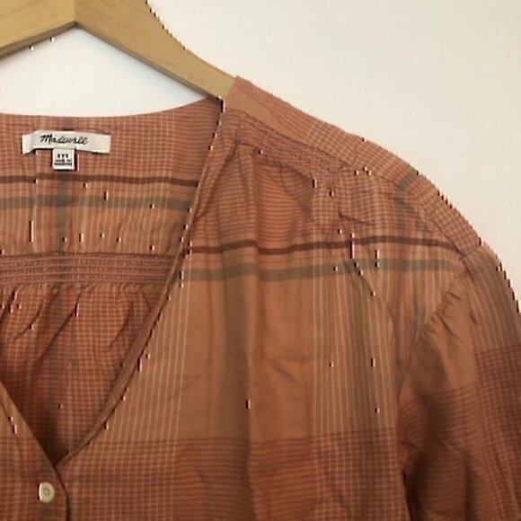 MADEWELL Morningview Tie Sleeve Shirt Orange Red Plaid 3/4 Sleeve 100% Cotton - Picture 3 of 5